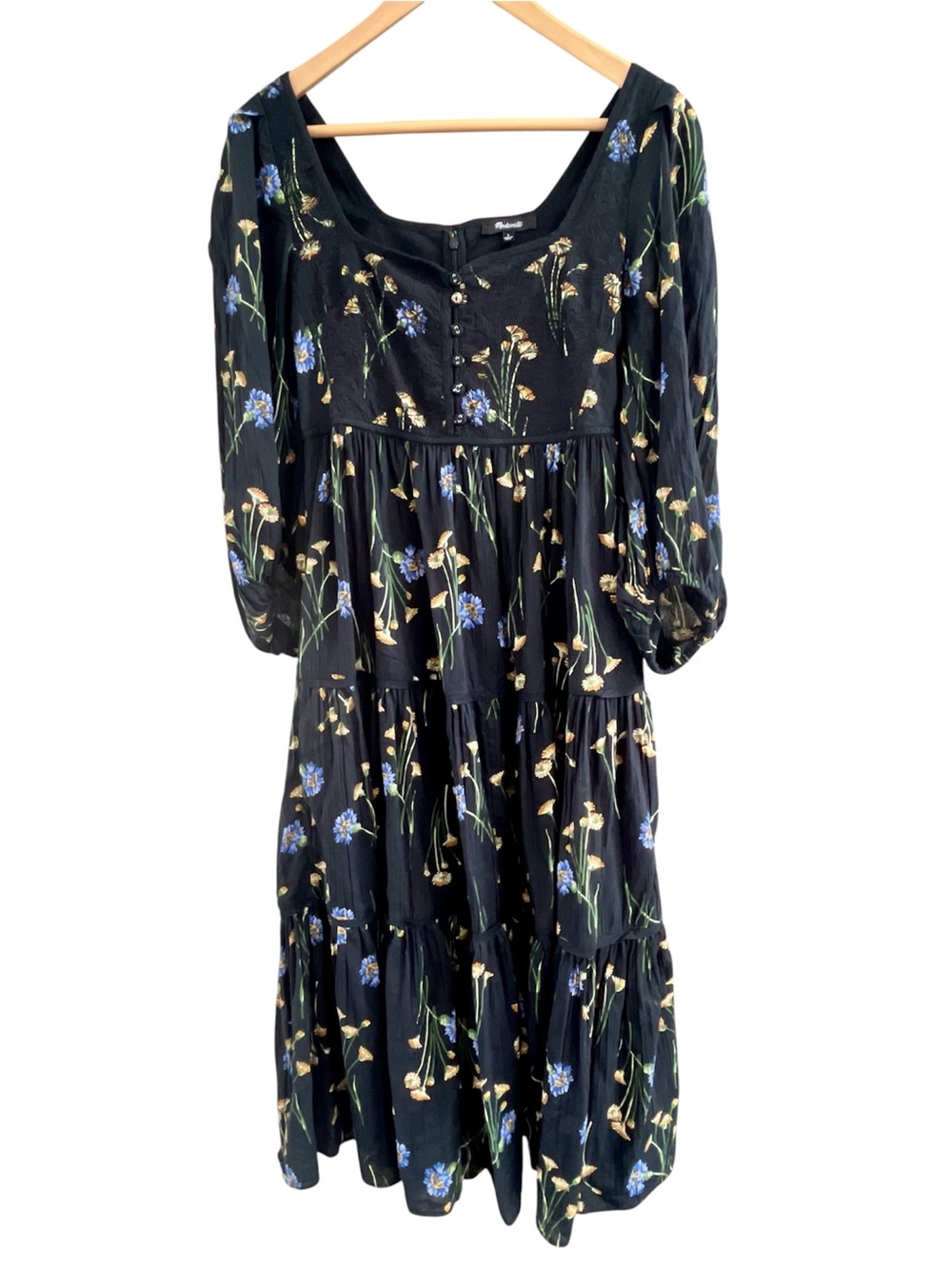 Madewell Xiomara Floral Tiered Midi Dress Black Button Front Puff Sleeve Sz O
